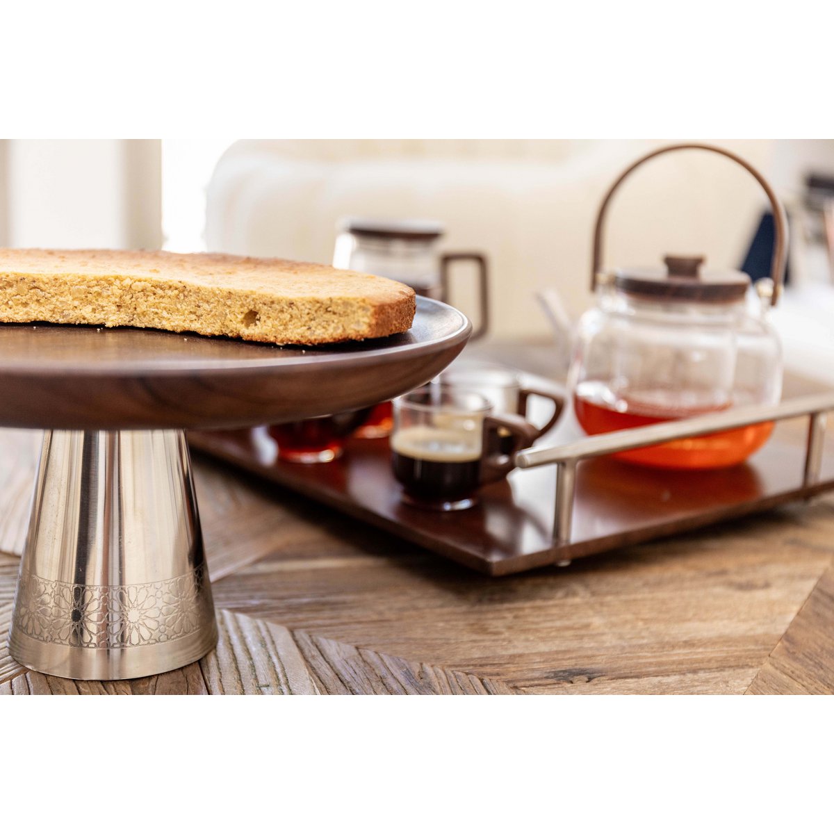 Wood and silver cake stand 30×30×14.5 cm