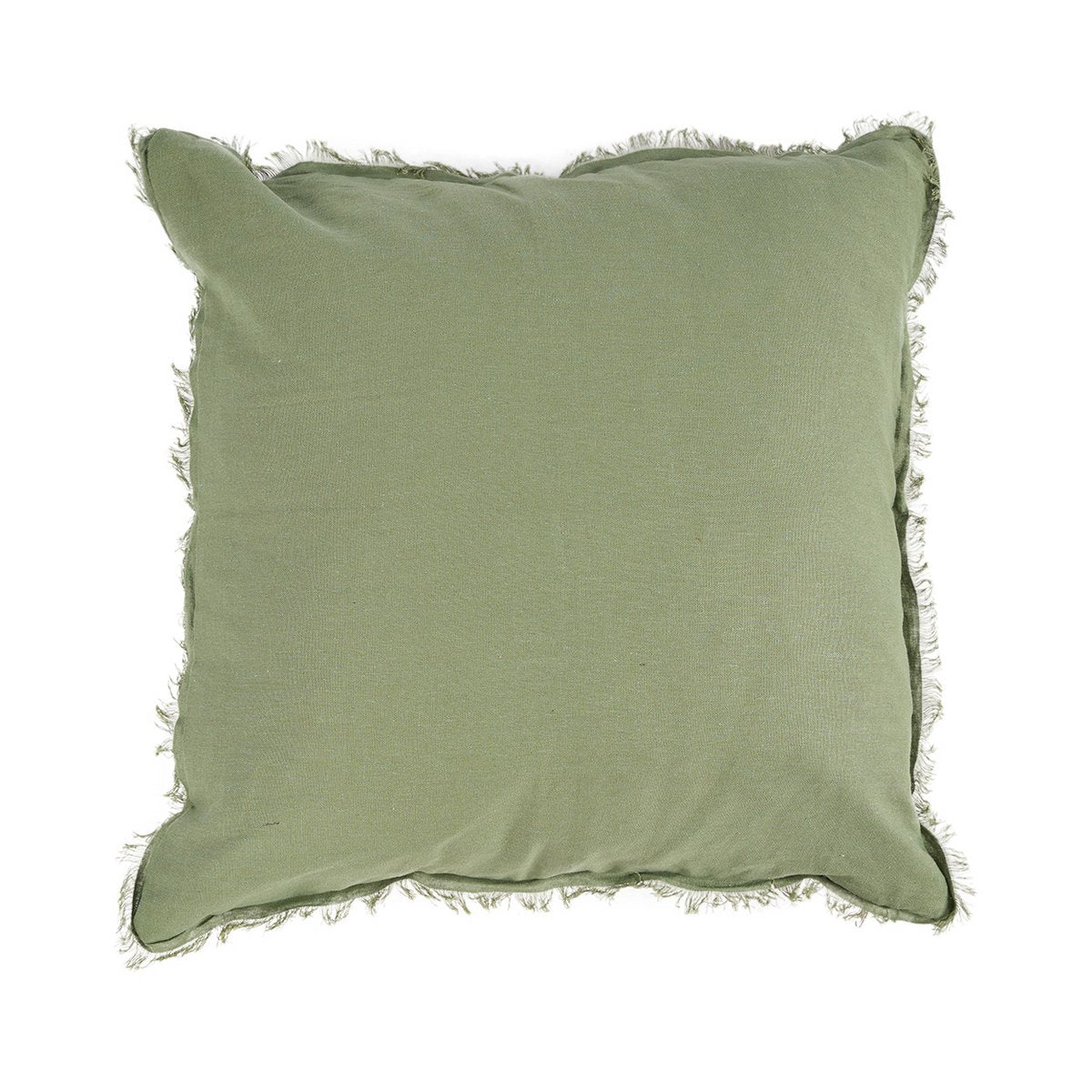 Linen cushion cover with fringe, sage green - 50×50cm
