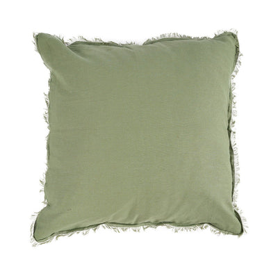 Linen cushion cover with fringe, sage green - 50×50cm