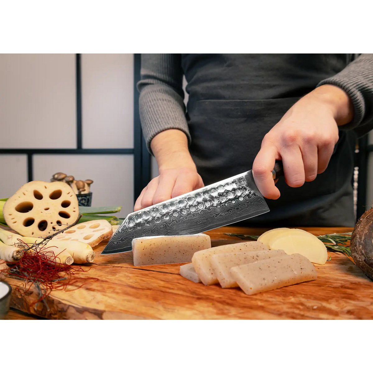 Santoku knife, 170 mm - Damascus steel, ebony handle