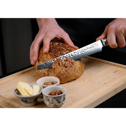 Damascus serrated bread knife 200 mm - wood handle