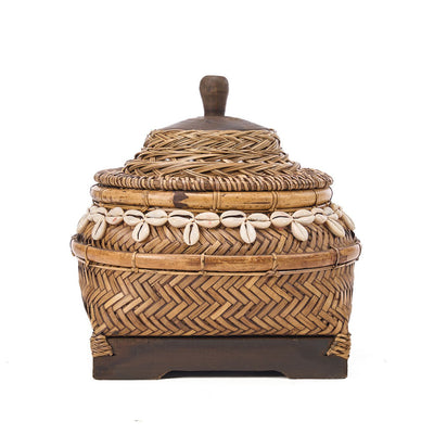 Bamboo storage box with shell detail - round