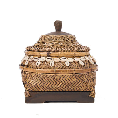 Bamboo storage box with shell detail - round