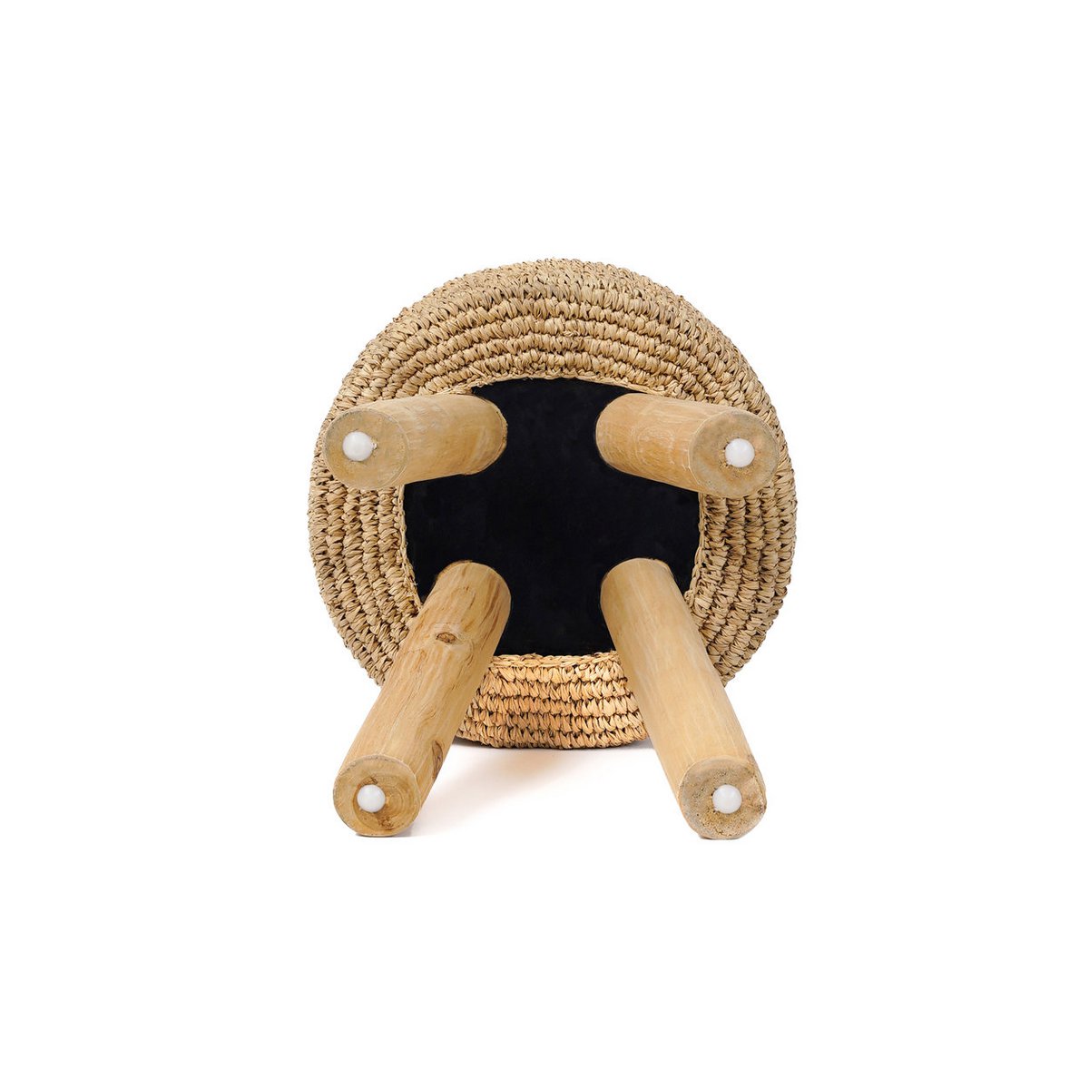 Skammel i teak og raffia, 35 cm - håndlavet