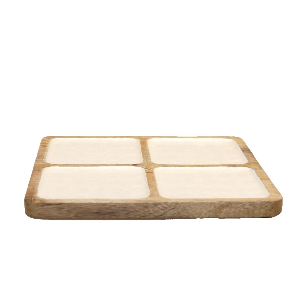 Mango wood appetiser dish, white - 4 compartments