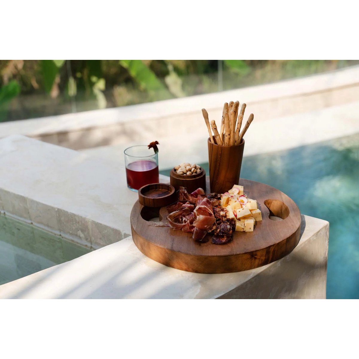 Teak wood tray with handles, large - natural