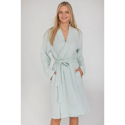 Cotton–bamboo muslin bathrobe S - glacier