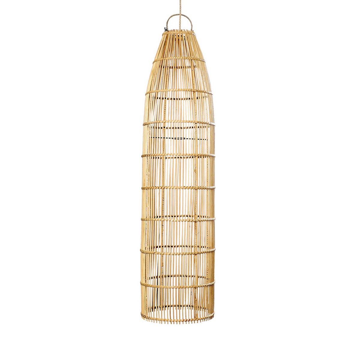 Pendellampe af rattan, 90 cm – høj silhuet i fiskeruse-stil