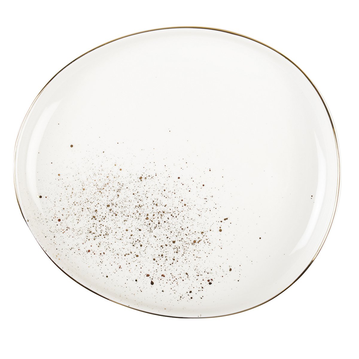 Ovalt porcelainsdesserttallerken, hvid med guld