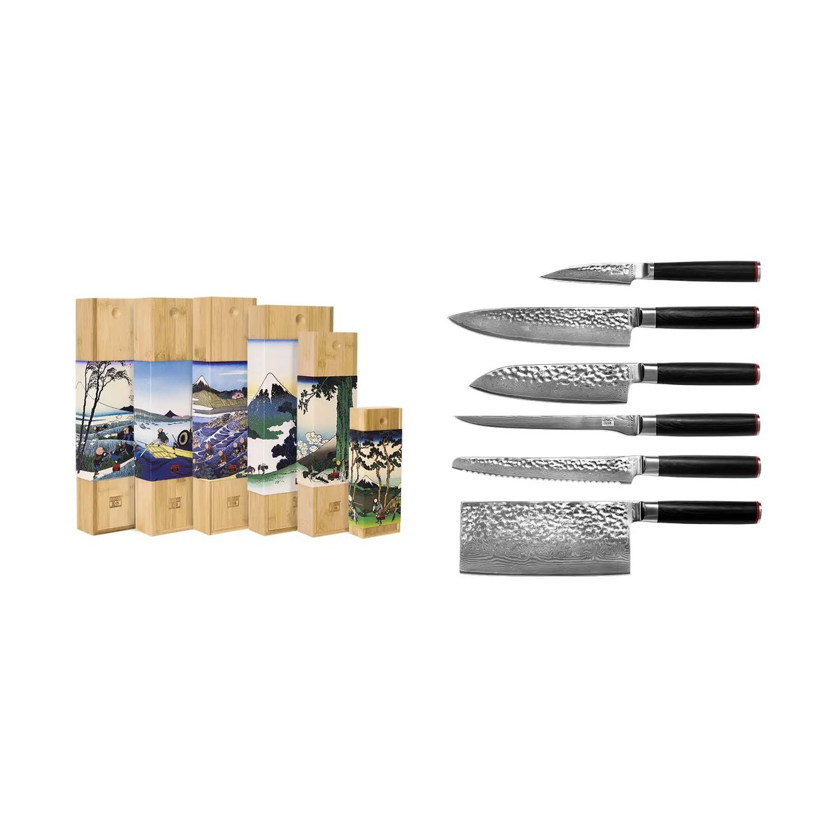 Damascus steel knife set, 6 pieces - hammered blades