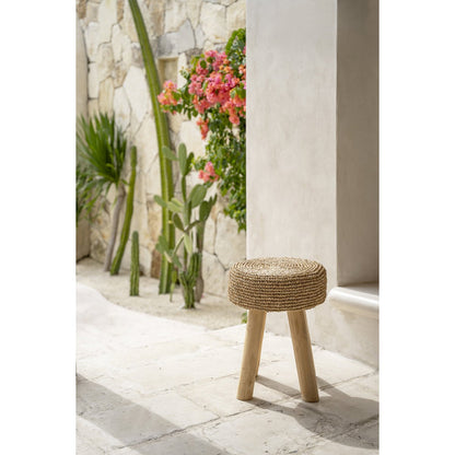 Skammel i teak og raffia, 35 cm - håndlavet