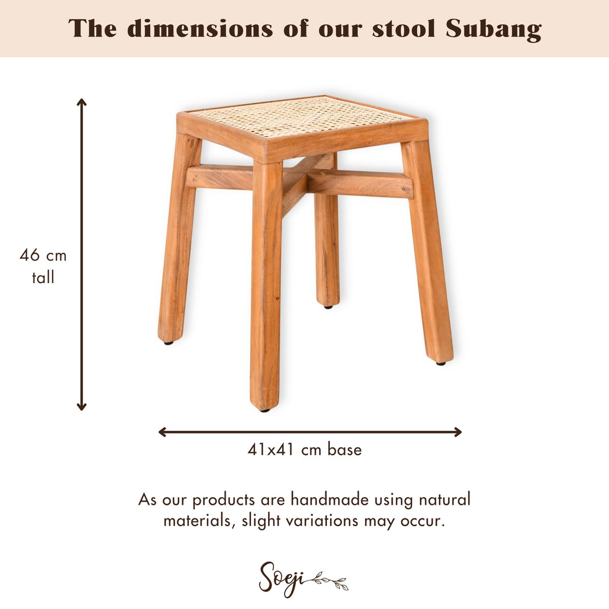Rain tree wood stool with rattan seat 41×41×46 cm