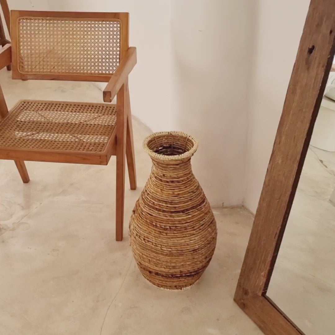 Raffia & metal vase TUMBAK - beige and brown