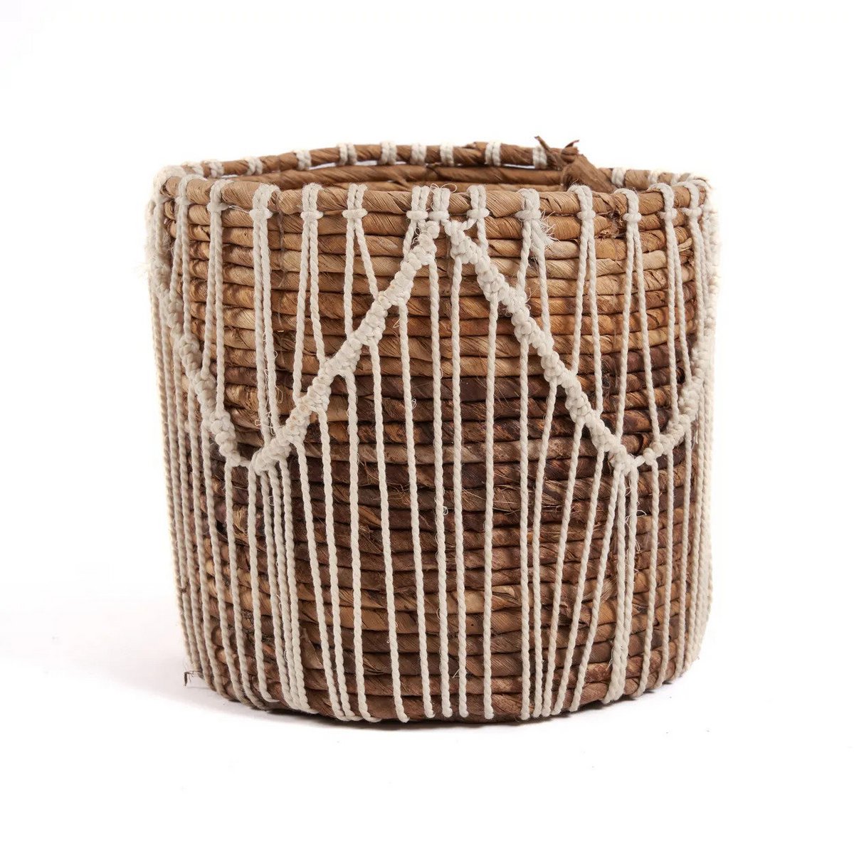 Makramee-Aufbewahrungskorb aus Baumwolle 20 × 20 cm – Naturweiß, zylindrisch