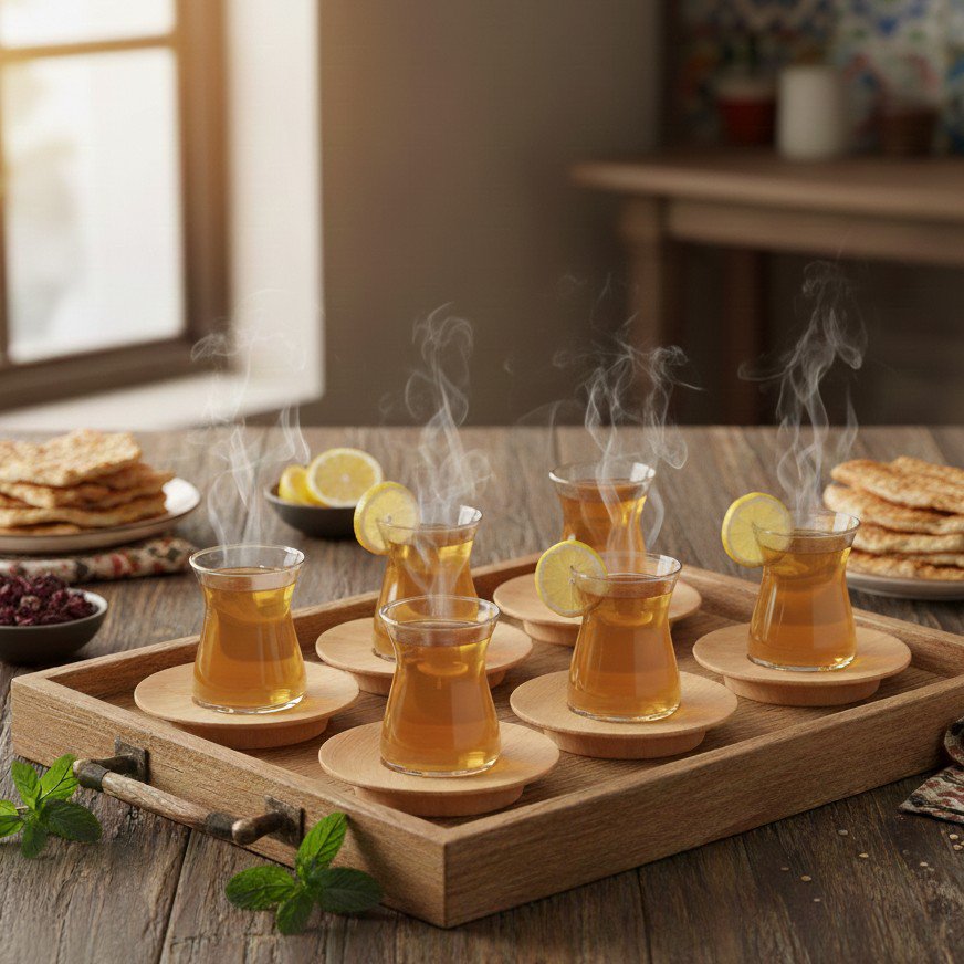 Glass tea cups with wooden saucers, set of 6