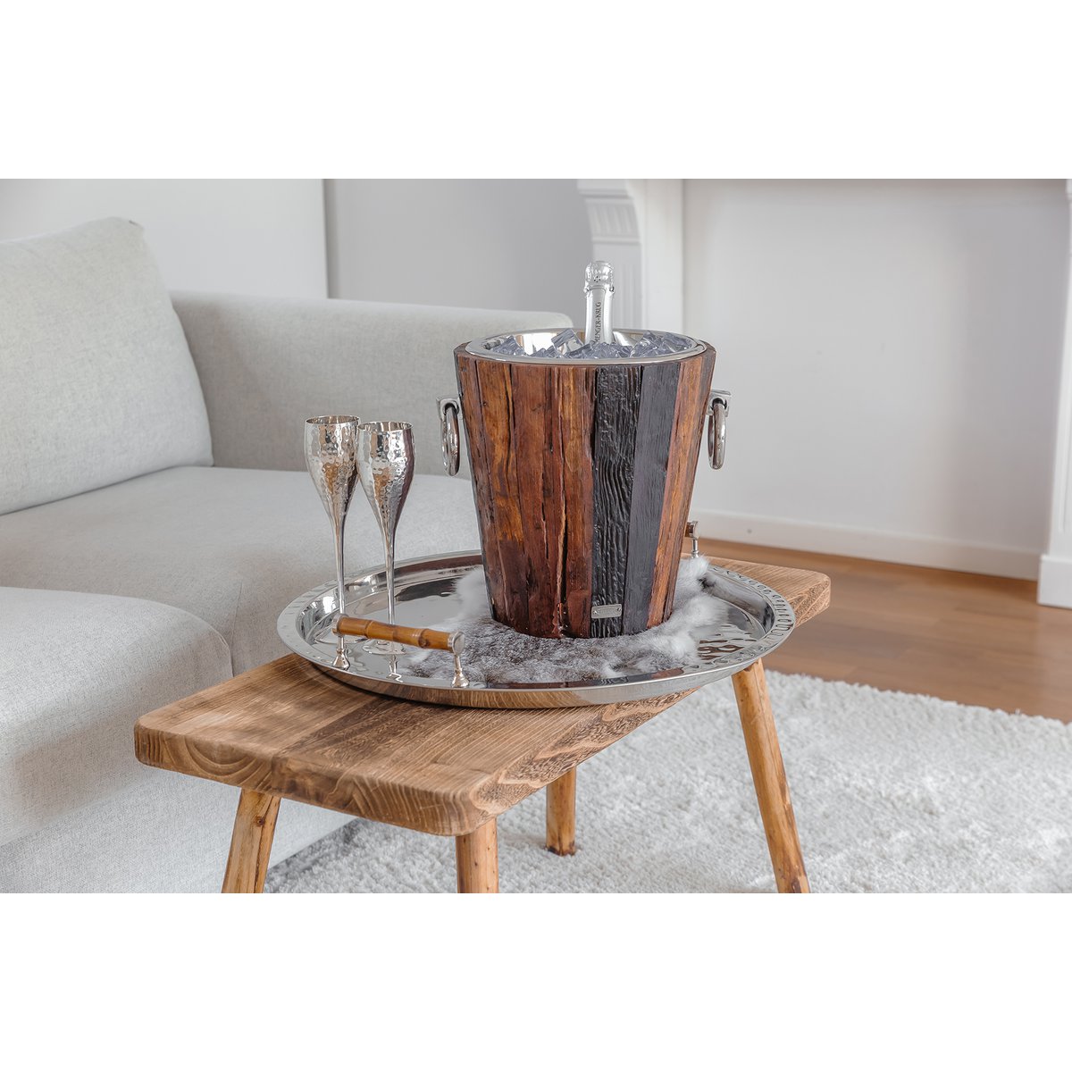 Weinkühler Providence aus Edelstahl, 28 cm – Teak und Silber