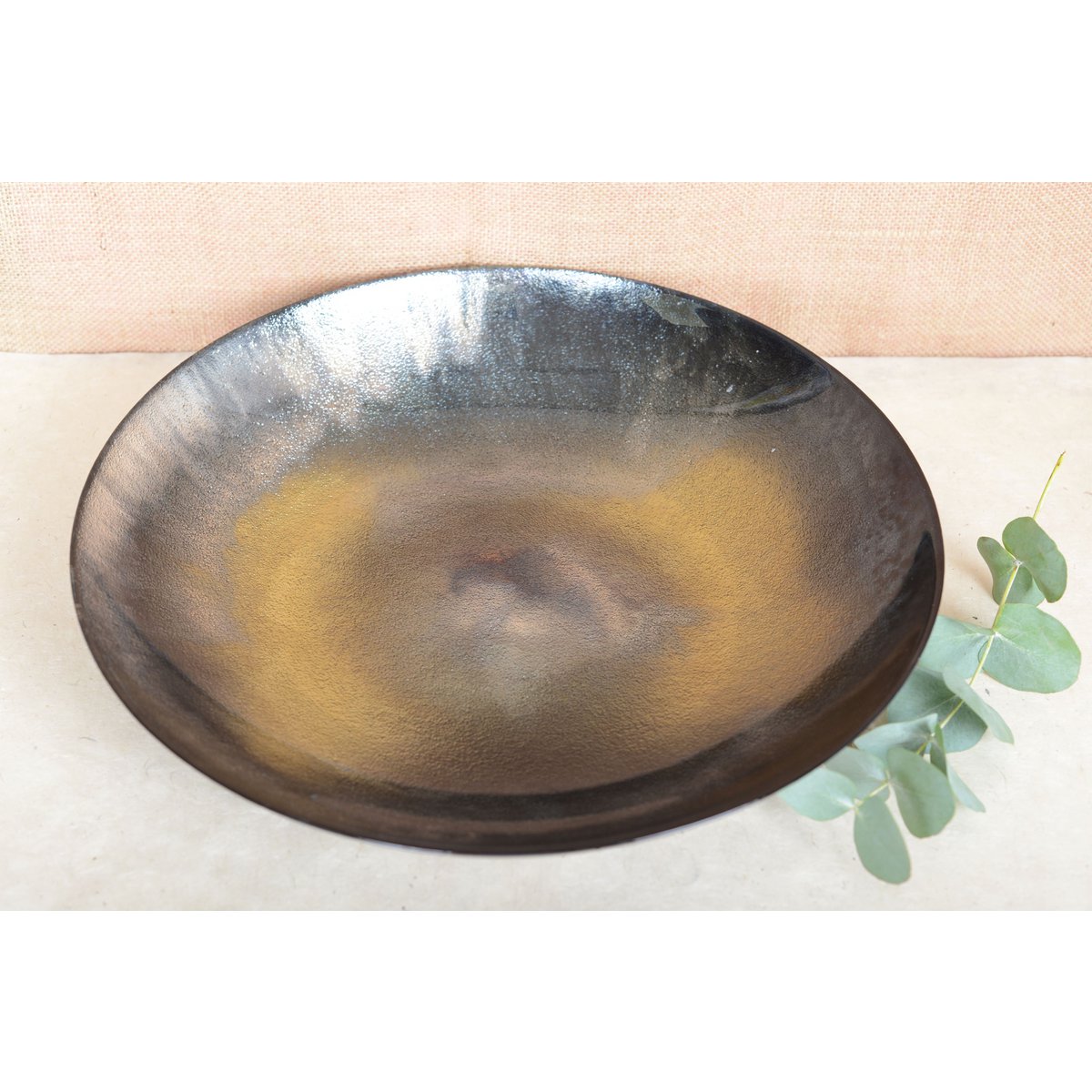 Glass and ceramic shallow bowl 40 cm - brown and yellow