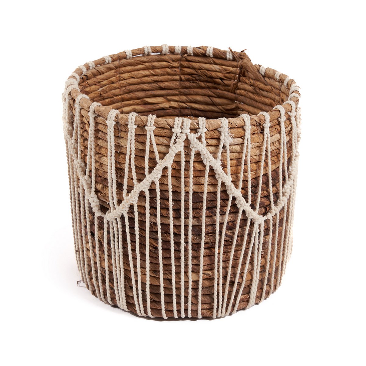 Makramee-Aufbewahrungskorb aus Baumwolle 20 × 20 cm – Naturweiß, zylindrisch