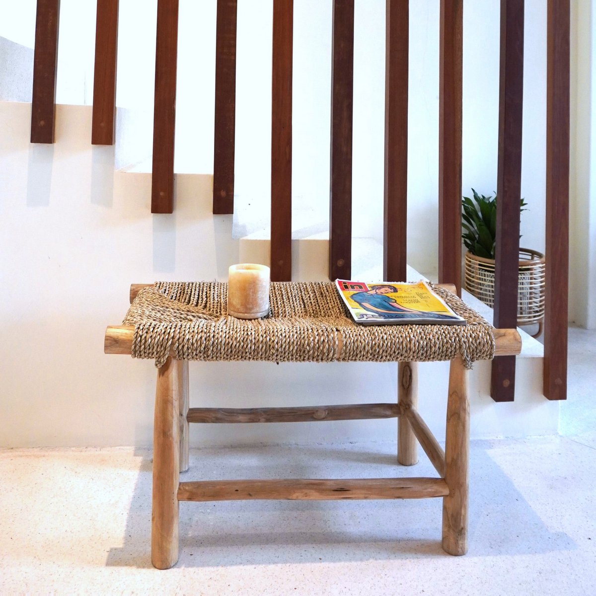 Solid wood bench Sungai beige - woven seagrass seat