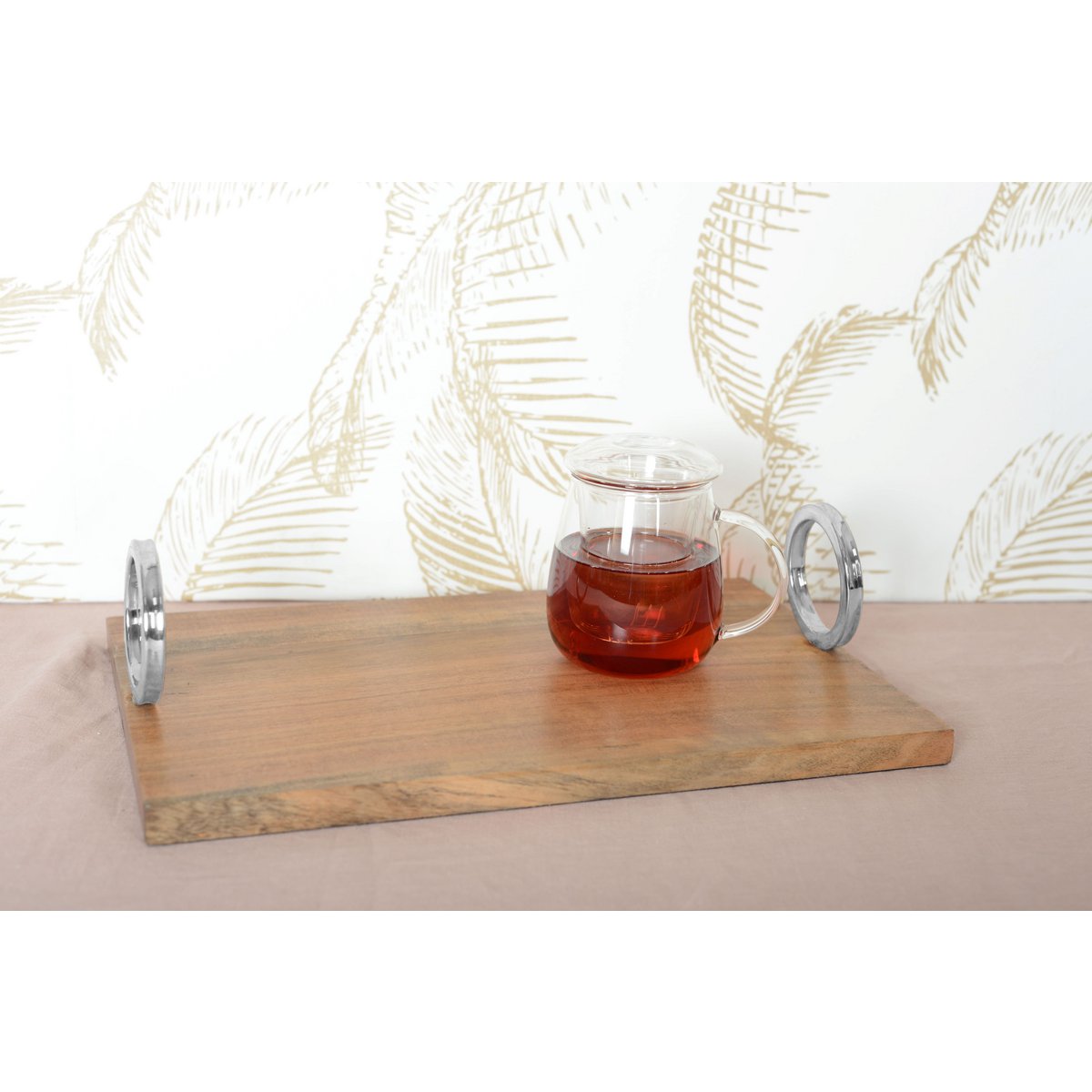 Rectangular wooden tray with silver handle 40 × 26 × 11 cm