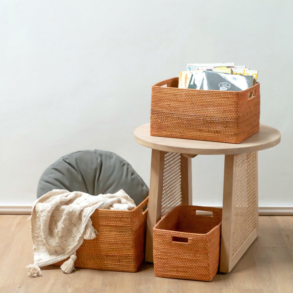 Handwoven rattan shelf basket Warsa M – 38 × 23 × 28 cm
