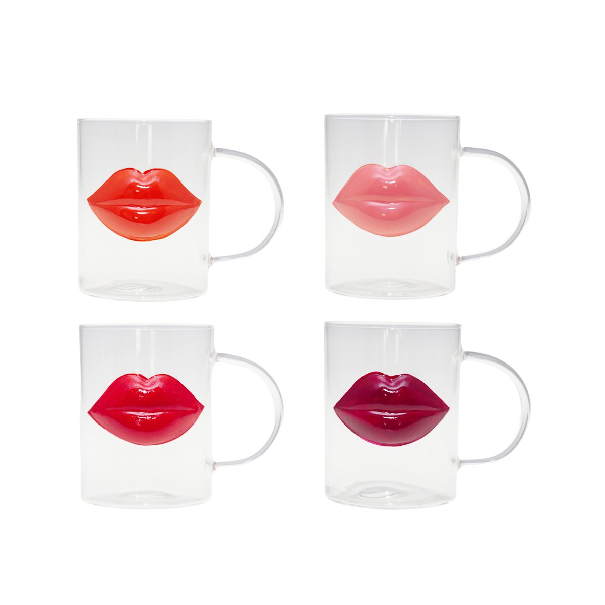 Glass mugs kiss, set of 4 - red & transparent