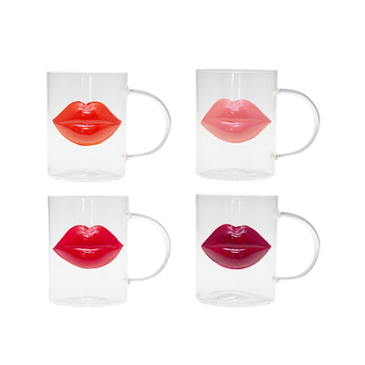 Glass mugs kiss, set of 4 - red & transparent