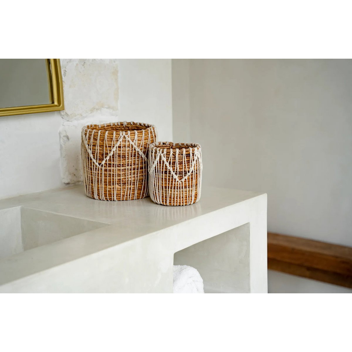 Makramee-Aufbewahrungskorb aus Baumwolle 20 × 20 cm – Naturweiß, zylindrisch
