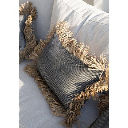Cotton cushion cover with raffia fringe, 30×50 cm - Black dotted