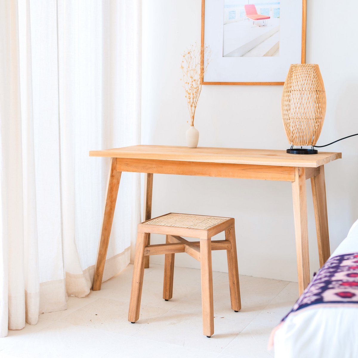 Rain tree wood stool with rattan seat 41×41×46 cm