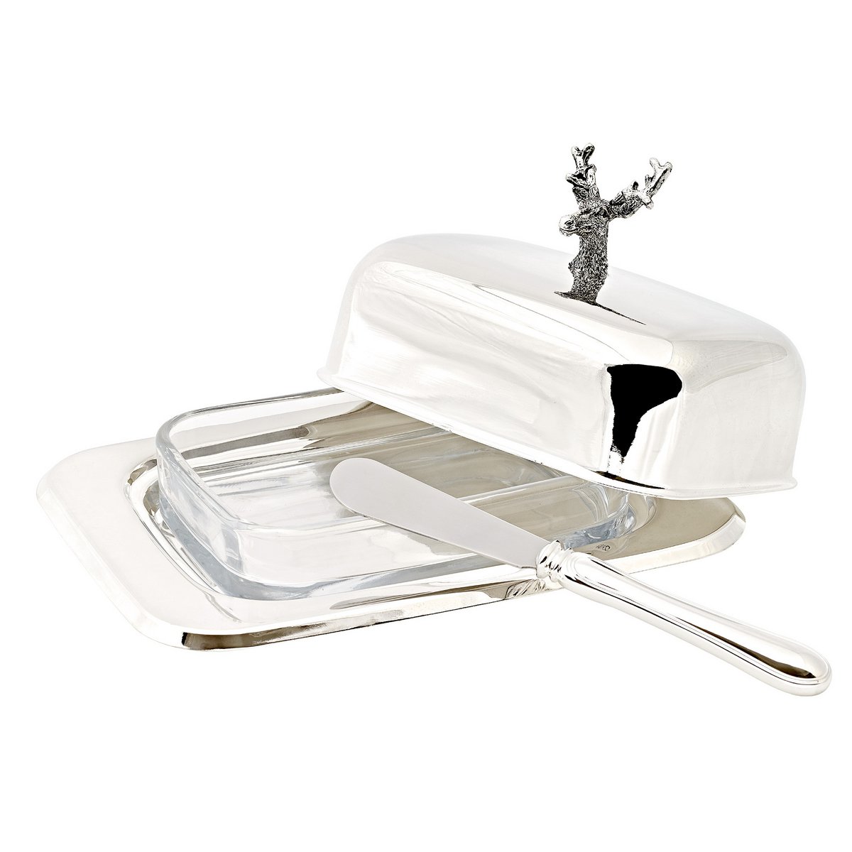 Silver steel butter dish with knife, 18 cm - Stag