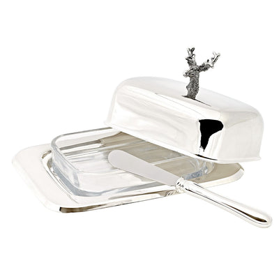 Silver steel butter dish with knife, 18 cm - Stag