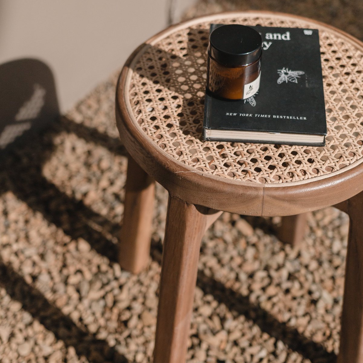 Trembesi & rattan stool CARAMIN Ø35 cm - woven seat
