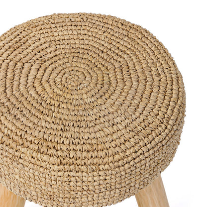 Skammel i teak og raffia, 35 cm - håndlavet
