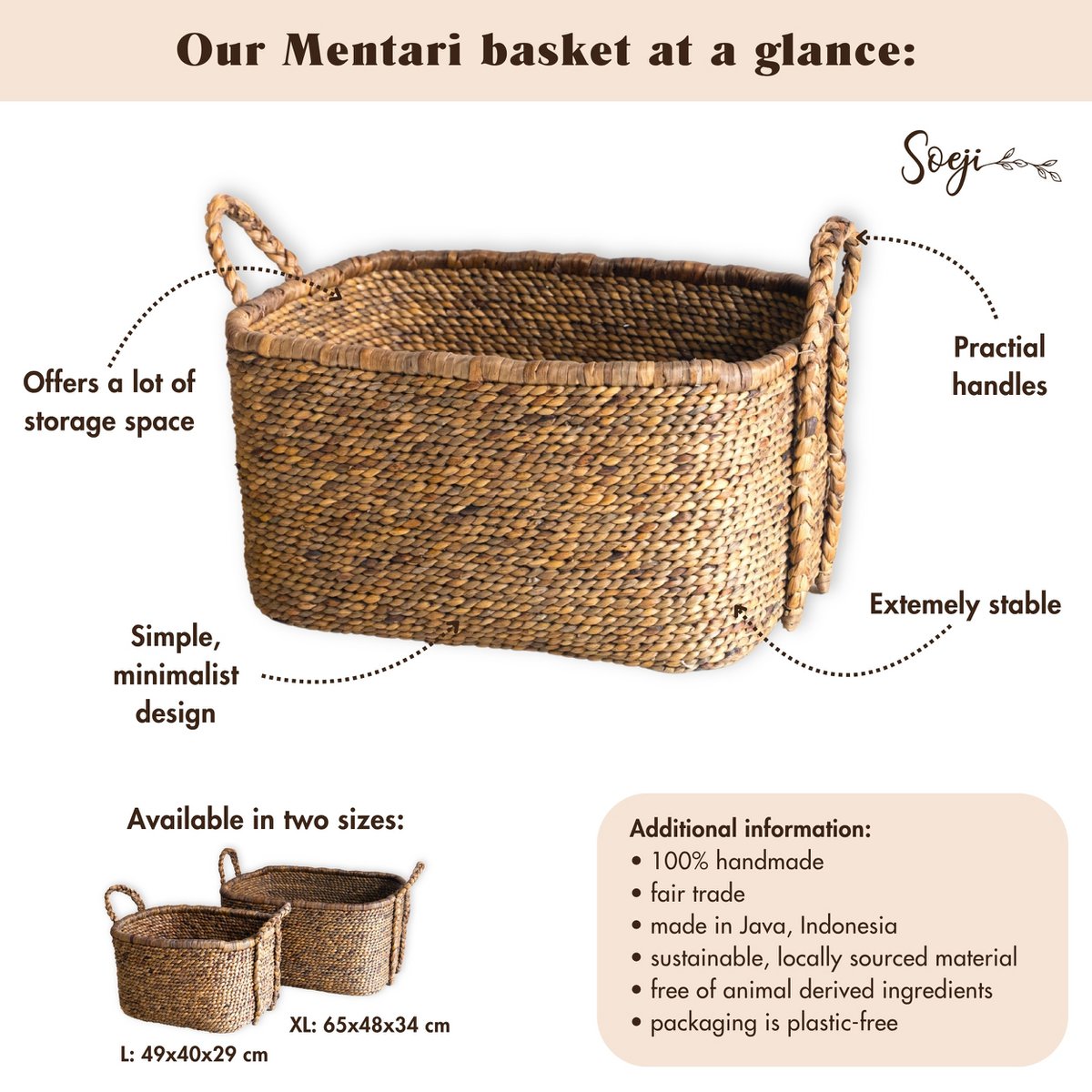 Woven square laundry basket 49×40 cm – beige & brown, 29 cm tall