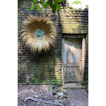 Glass mirror, grass frame, round, 90 cm - natural