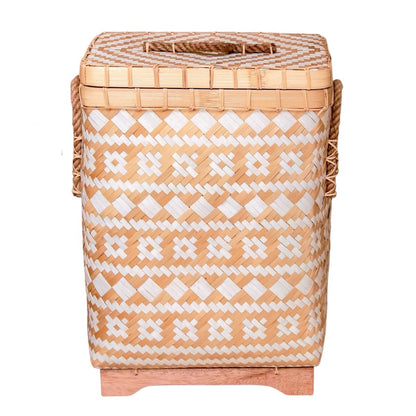 Vasketøjskurv i bambus med låg DARI - beige og hvid zig-zag