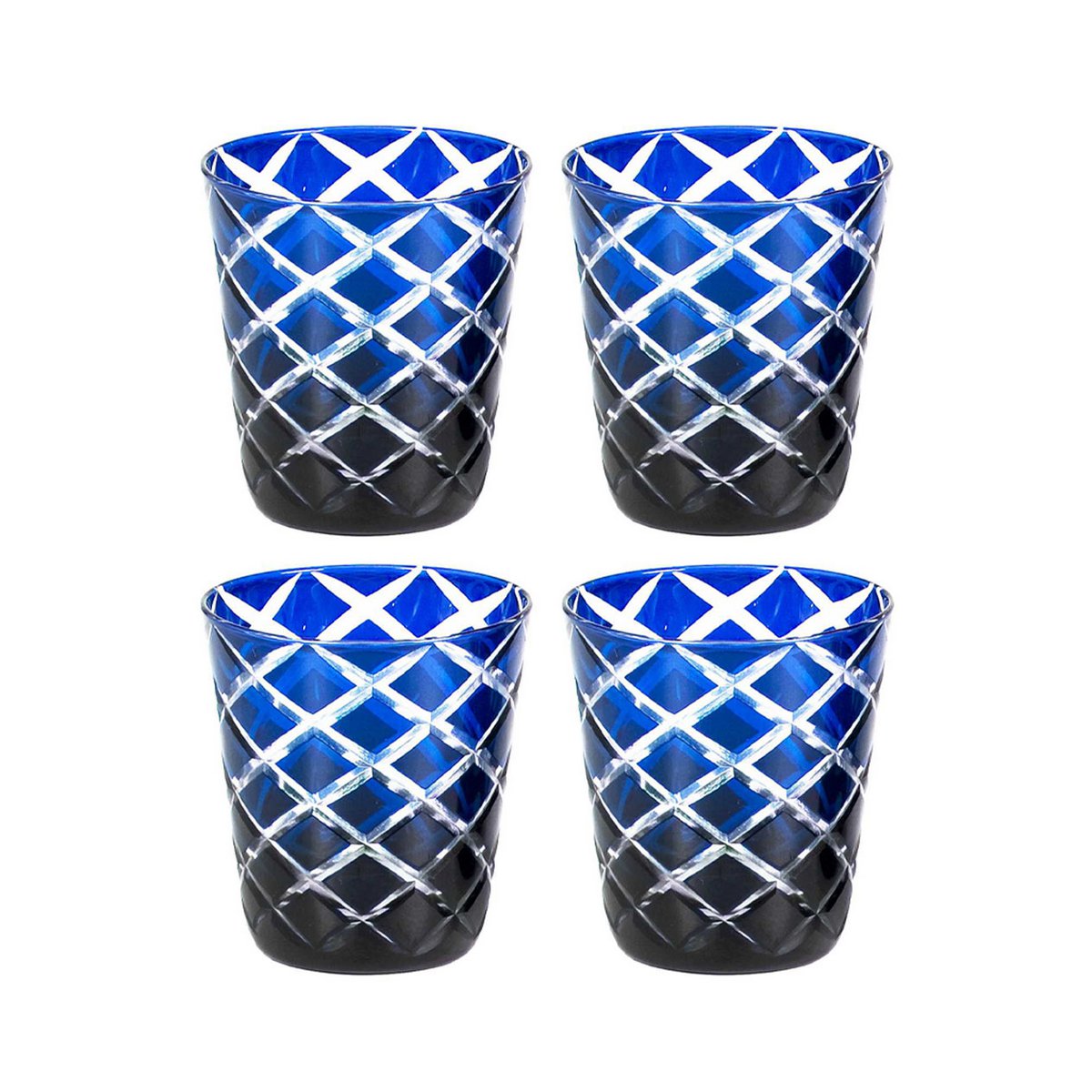Hand-cut Dio glasses, blue & red, set of 4 - 10 cm