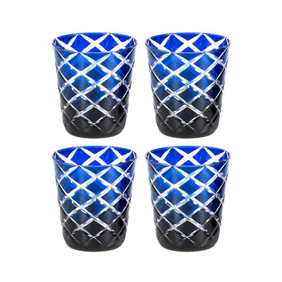 Hand-cut Dio glasses, blue & red, set of 4 - 10 cm