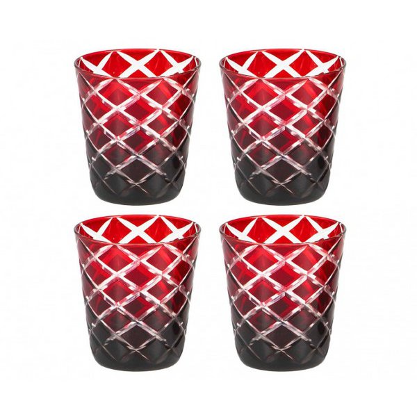 Hand-cut Dio glasses, blue & red, set of 4 - 10 cm