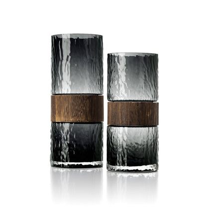 Vase aus Glas & Holz, Dunkelgrau - Mittel