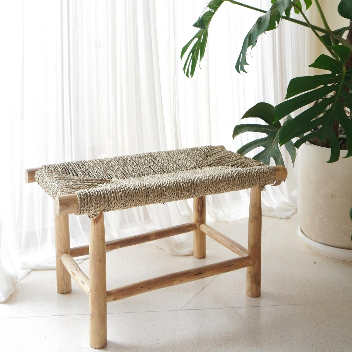 Solid wood bench Sungai beige - woven seagrass seat
