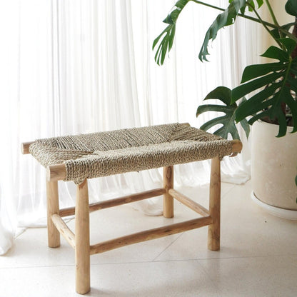 Solid wood bench Sungai beige - woven seagrass seat