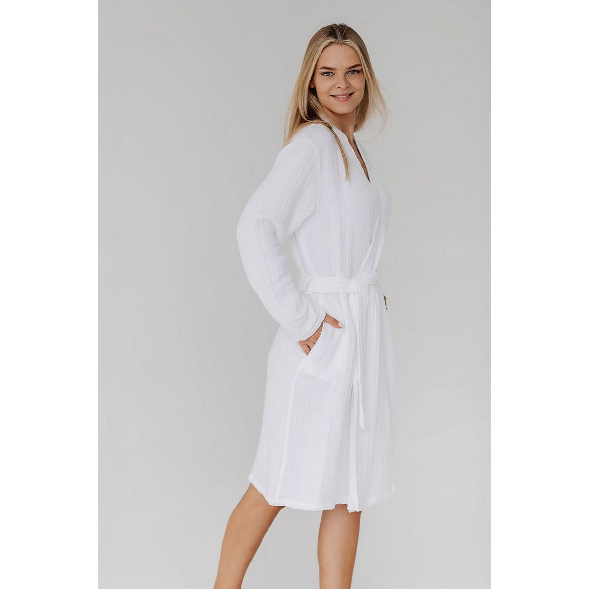 Cotton bamboo muslin bathrobe - white (S)