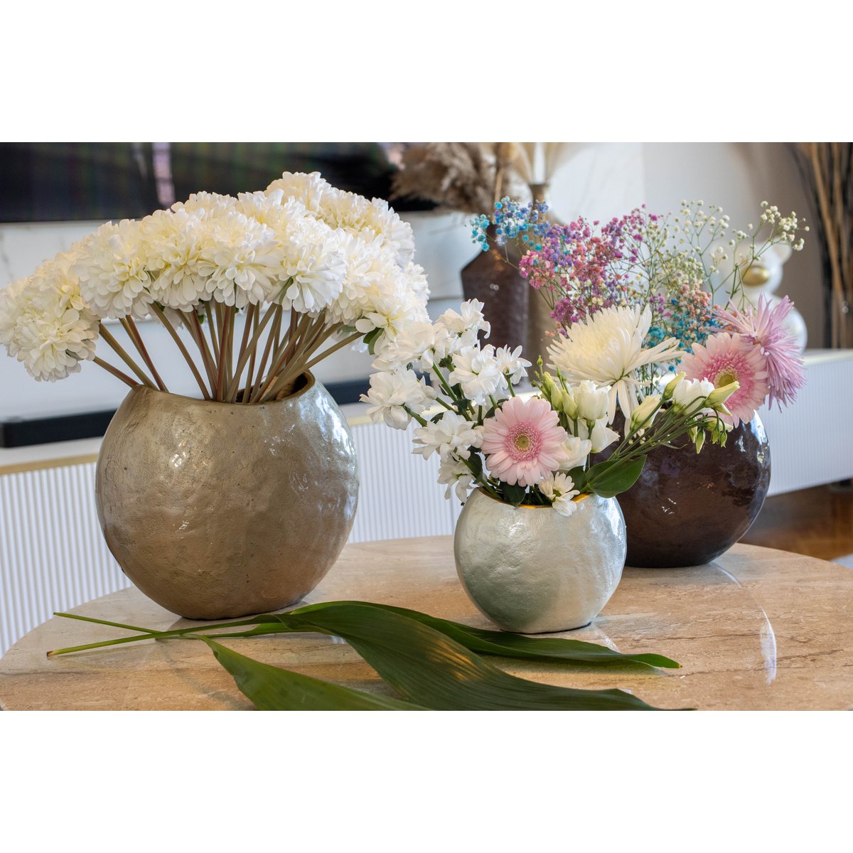 Aluminum oval vase, beige, 26 × 22 cm