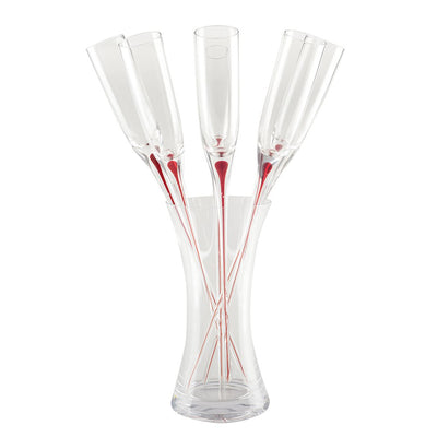 Red glass champagne flutes with foot – set of 6