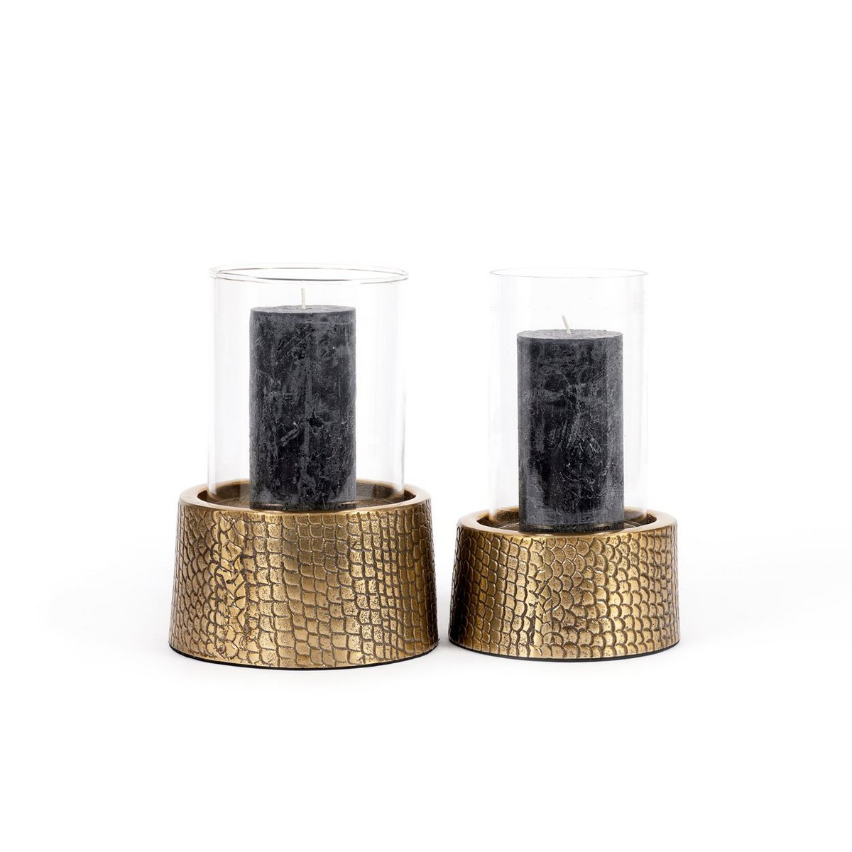Aluminium croco candle holder with glass, large – brass finish
