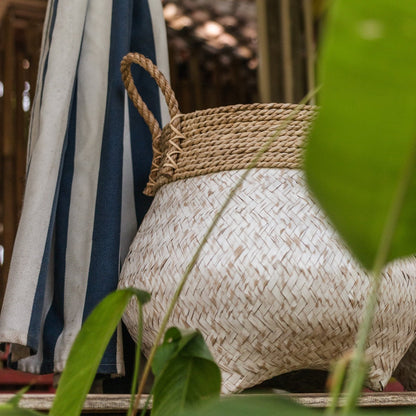 Bamboo, seagrass & jute basket BENOA S – white & beige