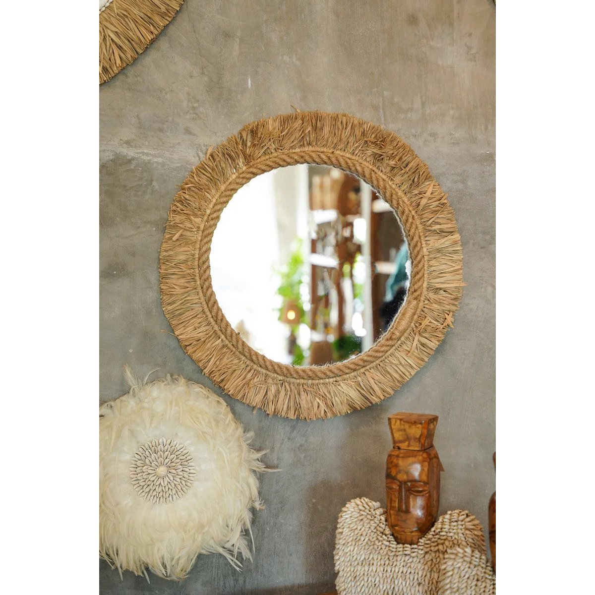Raffiaspiegel, rund, 60 cm – sonneninspiriertes Design