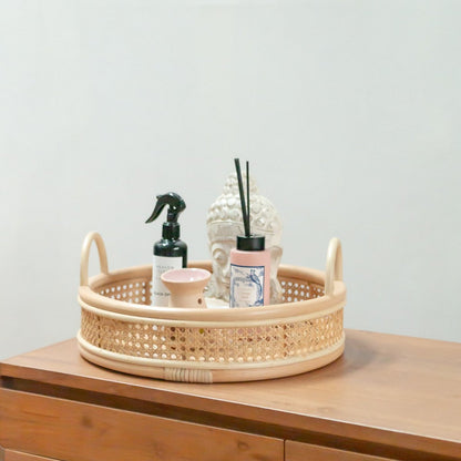 Round rattan tray NEIRA Ø 40 cm - geometric beige